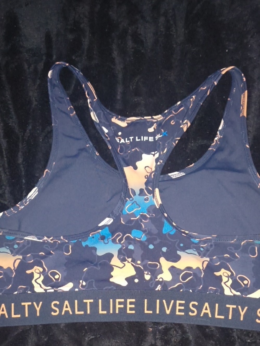 Salt Life Blue & Navy Camo Racerback Sports Bra with Tan Accents - Picture 4 of 4